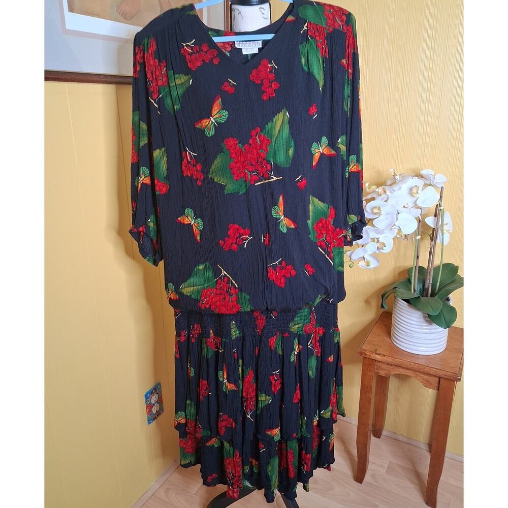 Sharon Anthony Vintage 80s Women's Dress Size 22W Black Floral Drop Waist